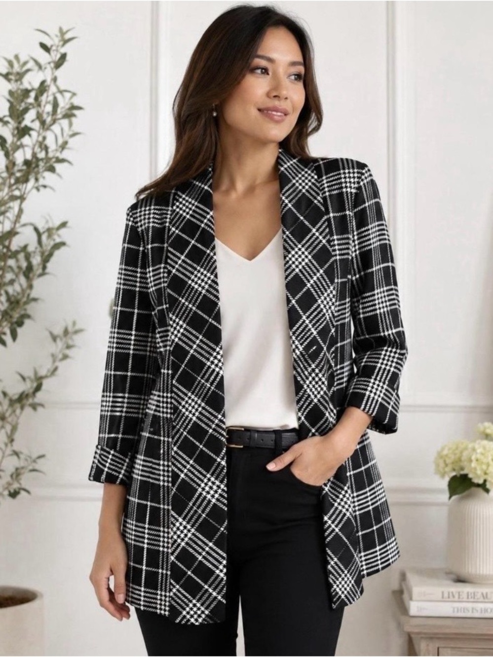 Anne Klein Black & White Plaid Open Front Career Blazer Large